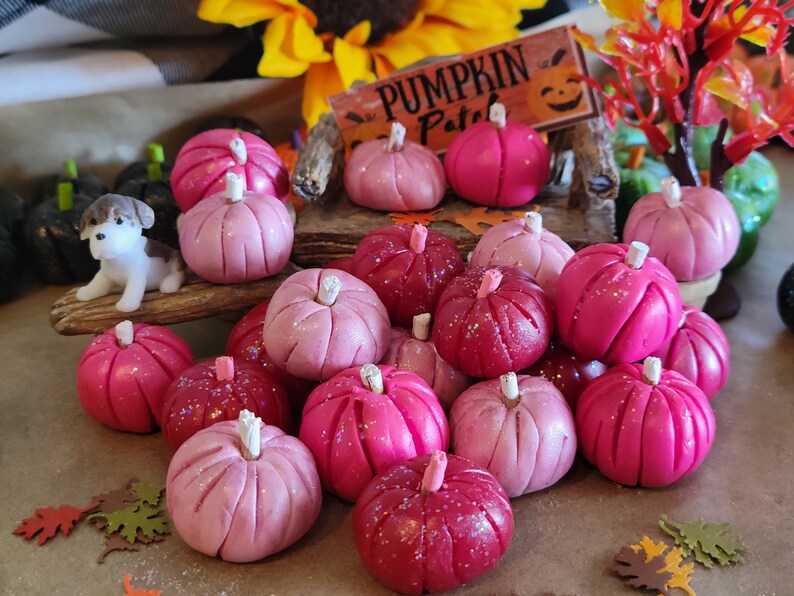3 Pink Pumpkins, Dollhouse, Fairy Garden, Miniature, Fall, Halloween, Hot Pink Pumpkins, White Stems, Pink Stems, Clay Pumpkins, Fall Garden image 9