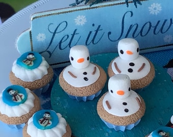 Melting Snowman Cupcakes And Tiny Snowmen Cupcakes, Fairy Garden, Christmas, Dollhouse, Blue, Fairy Food, Carrot Nose, Yummy Cupcakes