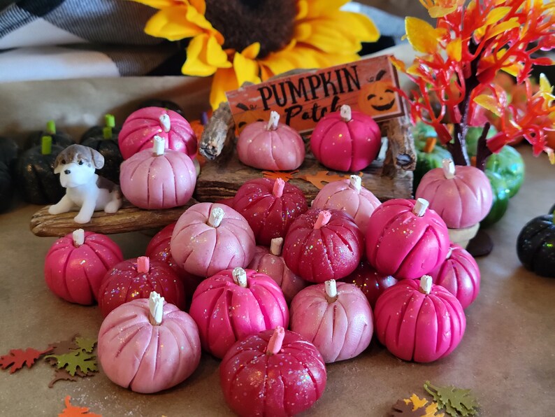 3 Pink Pumpkins, Dollhouse, Fairy Garden, Miniature, Fall, Halloween, Hot Pink Pumpkins, White Stems, Pink Stems, Clay Pumpkins, Fall Garden image 1