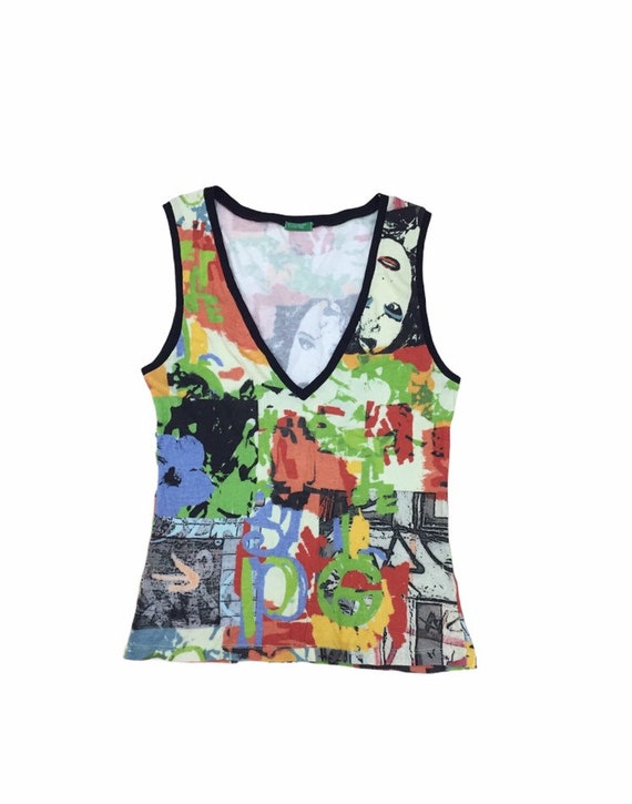 Vintage Benetton Printed Colorful Tank Tops Women - image 1