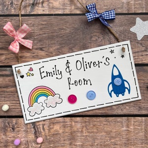 Personalised Twins Door Sign: Rocket Rainbow Sibling Decor