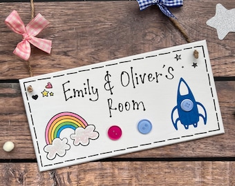 Personalised Twins Door Sign: Rocket Rainbow Sibling Decor