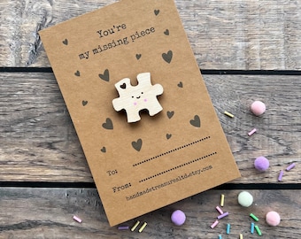 Personalised wooden anniversary gifts,my missing piece pin badge,anniversary gift,jigsaw,valentines basket,valentines card for him her,fianc