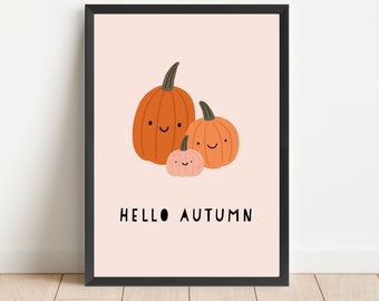 Hello autumn decor,Halloween,autumn print,autumn wall art,autumn,seasonal art,pumpkin,cute pumokin,childrens wall art,childrens prints