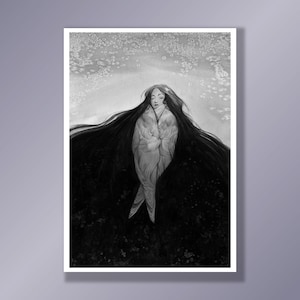 May include: Monochrome artwork depicting a figure with long, dark hair and a white robe. The image has a dreamlike quality, with a backdrop of subtle, speckled designs. The figure's eyes are closed, suggesting a feeling of serenity and contemplation.