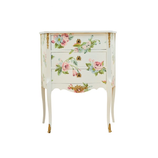 Louis XV Style Chest Three Drawer Chest with Floral Design and  Wooden Top