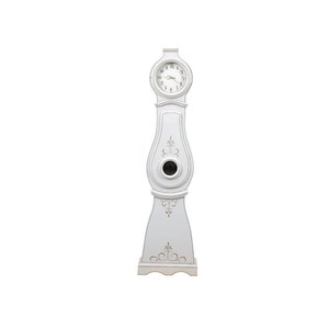May include: A white wooden grandfather clock with a traditional design. The clock has a round face with black Roman numeral markings and a pendulum.
