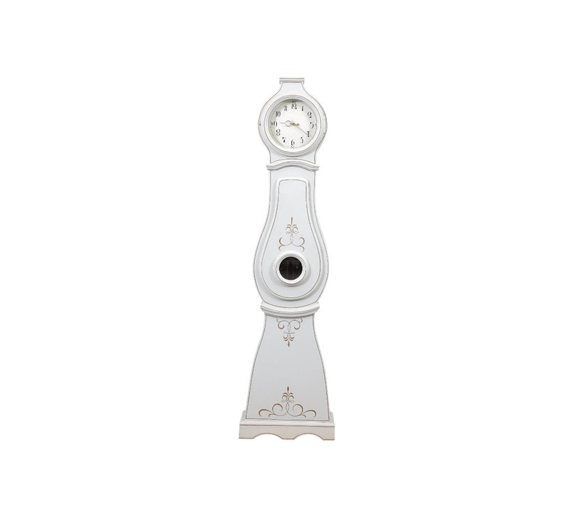May include: A white wooden grandfather clock with a traditional design. The clock has a round face with black Roman numeral markings and a pendulum.