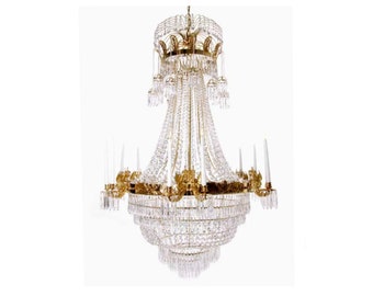 Large Light Brass Colour Empire Chandelier with Crystal Octagons and 12 Candle Holders