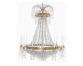 Polished Brass Empire Style Chandelier with 14 Arms and Crystal Octagons