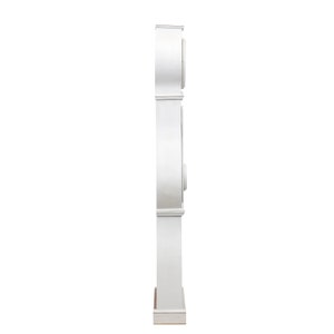 May include: White grandfather clock with a traditional design. The clock has a round face and a tall, slender body.