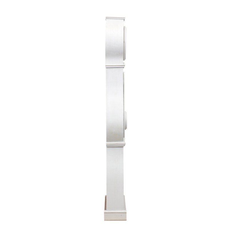 May include: White grandfather clock with a traditional design. The clock has a round face and a tall, slender body.