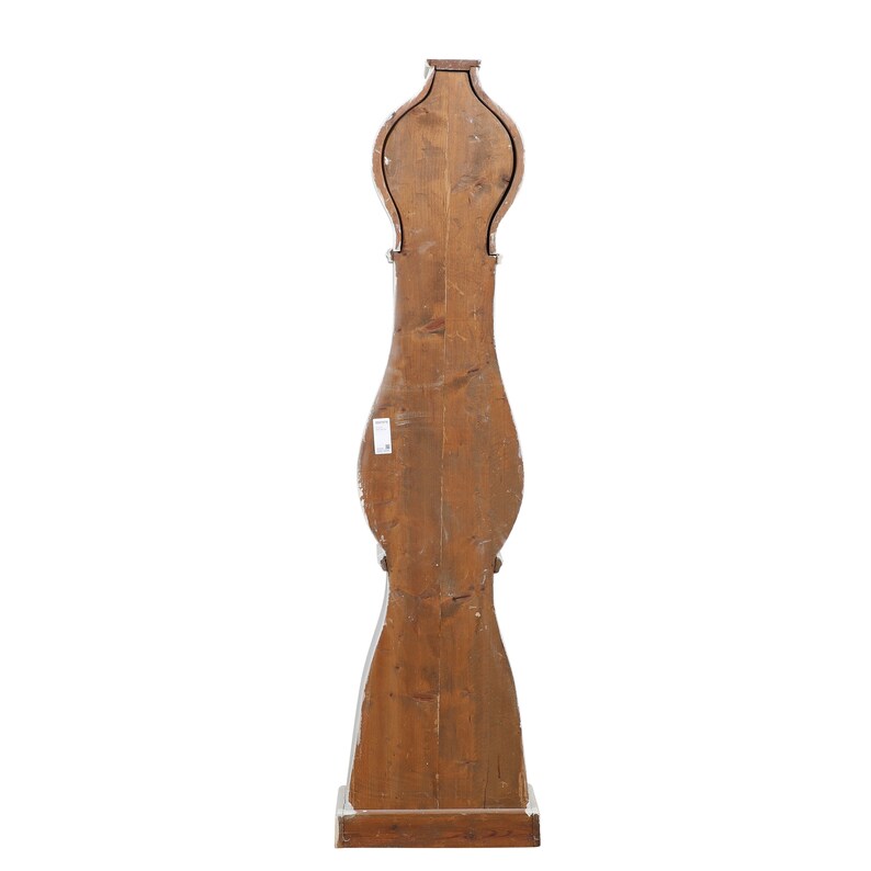 May include: A tall, wooden grandfather clock with a dark brown finish. The clock has a traditional design with a curved top and a base.