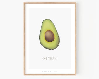 Food Wall Art Avocado Print Kitchen art Hand painted avocado Illustration