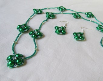 Necklace and Dangle Earrings in Emerald Green and Aqua Green Pearls and Seed Beads