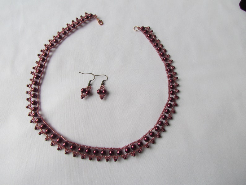 Glass Pearl Necklace and Earrings. Burgundy Glass Pearl Necklace image 2