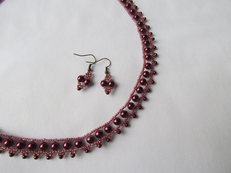 Glass Pearl Necklace and Earrings. Burgundy Glass Pearl Necklace image 3