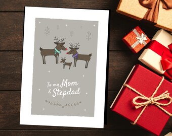 To my Mom and Stepdad Christmas Card, Reindeer Greetings card, Mother and Partner Card, Mom and Boyfriend, Greetings Card, Mom and Husband