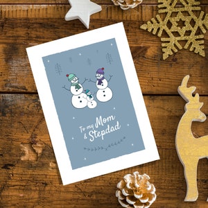 An meine Mutter und Stiefvater Weihnachtskarte, Schneemänner Grußkarte, Mutter und Partnerkarte, Mutter und Freund, Grußkarte, Mutter und Ehemann