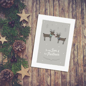 À mon fils et sa carte de Noël partenaire, carte de voeux de renne, carte de Noël LGBT, fils et mari, fils et petit ami, gendre Xmas
