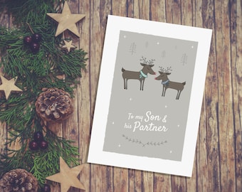 To my Son and his Partner Christmas Card, Reindeer Greetings card, LGBT Christmas Card, Son and Husband, Son and Boyfriend, Son in law Xmas