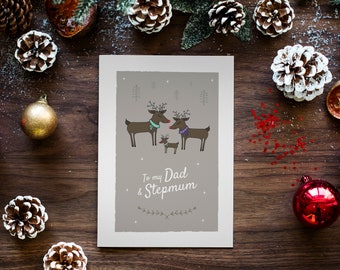 To my Dad and Stepmum Christmas Card, Reindeer Greetings card, Father and Partner Card, Dad and Girlfriend Greetings Card, Dad and Wife