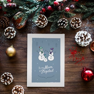 Para mi tarjeta de Navidad de mamá y padrastro, tarjeta de felicitación de muñecos de nieve, tarjeta de madre y pareja, mamá y novio, tarjeta de felicitación, mamá y esposo
