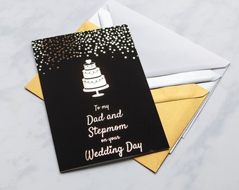 To My Dad and Stepmom on your Wedding Day Black and Gold Card, Dad and Stepmom Wedding Card, Wedding, Dad and Stepmum Wedding Card
