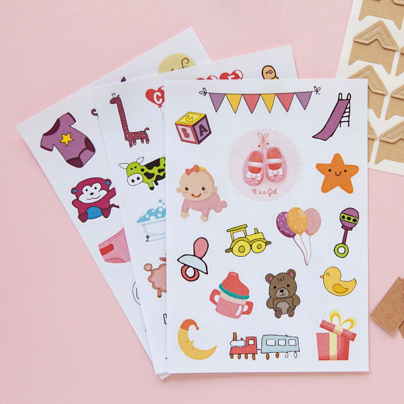 Baby Girl Sticker and Accessories Pack for Scrapbooking, 46 Newborn Baby Girl Stickers and Craft Supplies for Journaling, Pink Stickers image 6