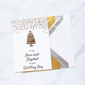 Para minha mãe e meu padrasto no dia do seu casamento Cartão branco e dourado, cartão de casamento para mãe e padrasto, cartão de casamento para mãe e padrasto