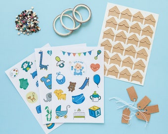 Baby Boy Scrapbook Kit, Sticker and Accessories Pack for Journaling, 47 Newborn Baby Boy Stickers and Craft Supplies, Baby Blue Stickers