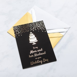 Para minha mãe e seu marido no dia do seu casamento Cartão preto e dourado, Cartão de casamento para mãe e parceiro, Cartão de casamento para mãe e padrasto