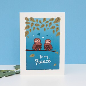 À mon fiancé, carte pour mon fiancé, fiancé, futur mari, carte d'hommes gais, LGBT, même sexe, St Valentin, carte bleue, hibou mignon, LGBT