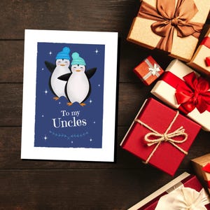 Carte de Noël pour mes oncles, carte de voeux pingouins, carte de Noël de famille LGBT, oncles du même sexe, deux oncles, carte de voeux de Noël
