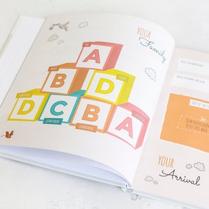 K&ouml;nnte beinhalten: Ein Baby-Erinnerungsbuch mit einer bunten Illustration von Alphabet-Bl&ouml;cken, die &uuml;bereinander gestapelt sind. Das Buch hat einen Abschnitt mit dem Titel "Deine Familie" und einen weiteren Abschnitt mit dem Titel "Deine Ankunft".