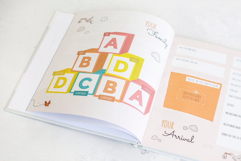 K&ouml;nnte beinhalten: Ein Baby-Erinnerungsbuch mit einer bunten Illustration von Alphabet-Bl&ouml;cken, die &uuml;bereinander gestapelt sind. Das Buch hat einen Abschnitt mit dem Titel "Deine Familie" und einen weiteren Abschnitt mit dem Titel "Deine Ankunft".