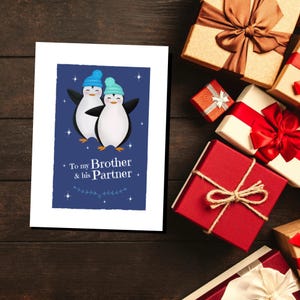 Carte de Noël à mon frère et à son partenaire, carte de voeux pingouins, carte de Noël LGBT, frère et mari, frère gay et petit ami