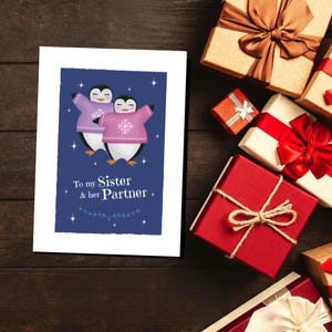 Carte de Noël à ma soeur et son partenaire, carte de voeux pingouins, carte de Noël LGBT, soeur et femme, soeur et petite amie