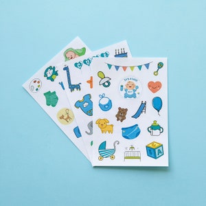 Baby Boy Sticker Sheets for Scrapbooking and Journaling, 47 pcs Newborn Baby Stickers for Scrapbooking, Blue Stickers, Party Stickers Pack