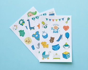 Baby Boy Sticker Sheets for Scrapbooking and Journaling, 47 pcs Newborn Baby Stickers for Scrapbooking, Blue Stickers, Party Stickers Pack