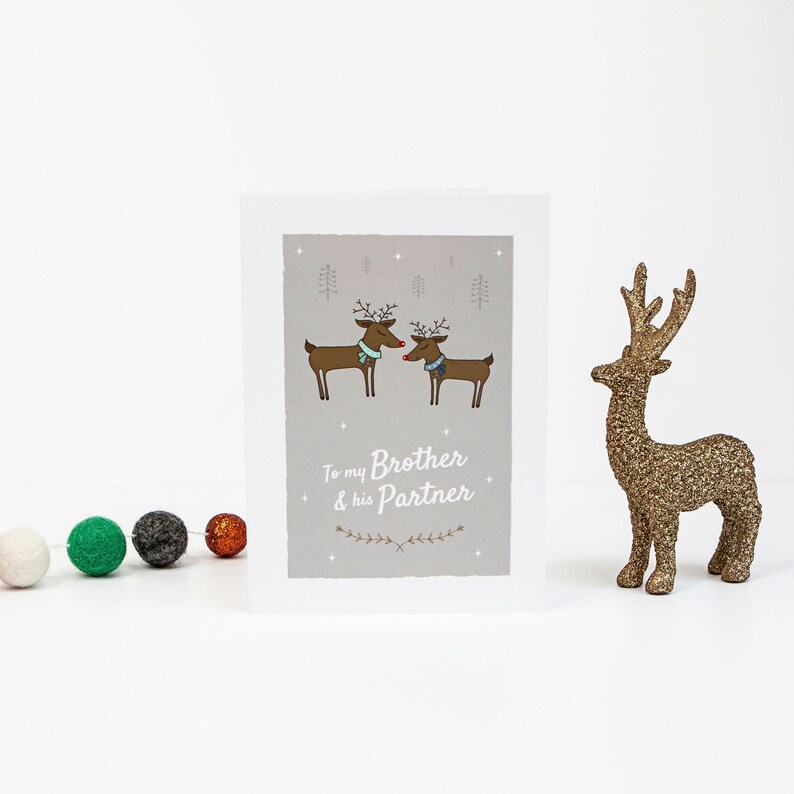 To my Brother and his Partner Christmas Card, Reindeer Greetings card, LGBT Christmas Card, Brother and Husband, Gay Brother and Boyfriend image 1