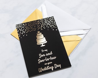 To my Son and Son-in-law on your Wedding Day’ Black and Gold Wedding Card, Son Same Sex Gay Wedding Greetings card