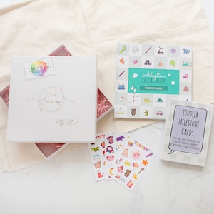 Adopter un ensemble-cadeau pour tout-petits, un panier pour les nouveaux parents adoptifs, une boîte-cadeau avec un journal d'adoption, des cartes d'étape pour tout-petits et des feuilles d'autocollants.