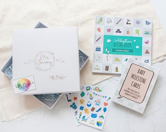 Baby Adoption Gift Set, Hamper for Adoption Celebration, gift box includes Adoption Journal, Baby Milestone Cards and Sticker Sheets.