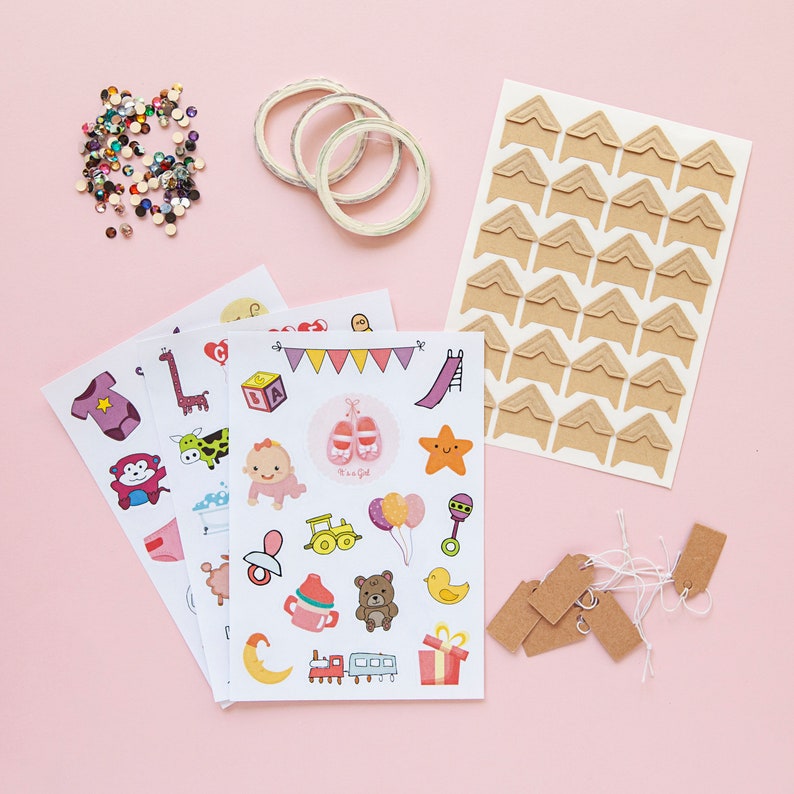 Baby Girl Sticker and Accessories Pack for Scrapbooking, 46 Newborn Baby Girl Stickers and Craft Supplies for Journaling, Pink Stickers image 1