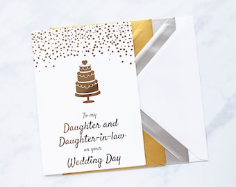 To my Daughter and Daughter-in-law on your Wedding Day’ White and Gold Wedding Card, Daughter Same Sex Lesbian LGBT Wedding Greetings Card