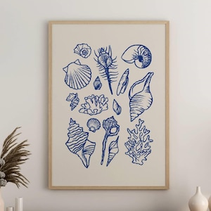 Blue seashells art printable | Seashells linocut art | Coastal aesthetic print | Mediterranean summer poster