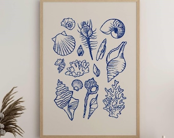 Blue seashells art printable | Seashells linocut art | Coastal aesthetic print | Mediterranean summer poster