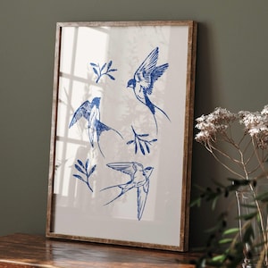 Summer swallows blue art printable | Linocut summery print | Botanical mediterranean printable | Birds art print