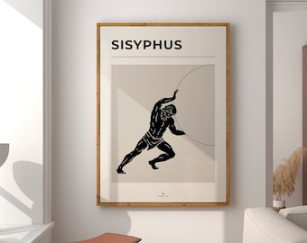 Sisyphus Myth art printable, Black silhouette, Greek Mythology print, Classic Art History art, Neutral scandi wall art, Mediterranean decor